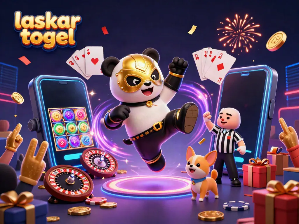 Experience the thrill of laskar togel with an exciting 3D scene featuring a panda wrestler and animated game elements.