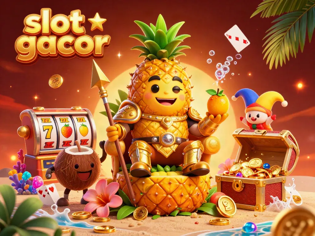Experience the excitement of slot gacor with a vibrant scene featuring a pineapple king amidst slot reels and underwater treasures.