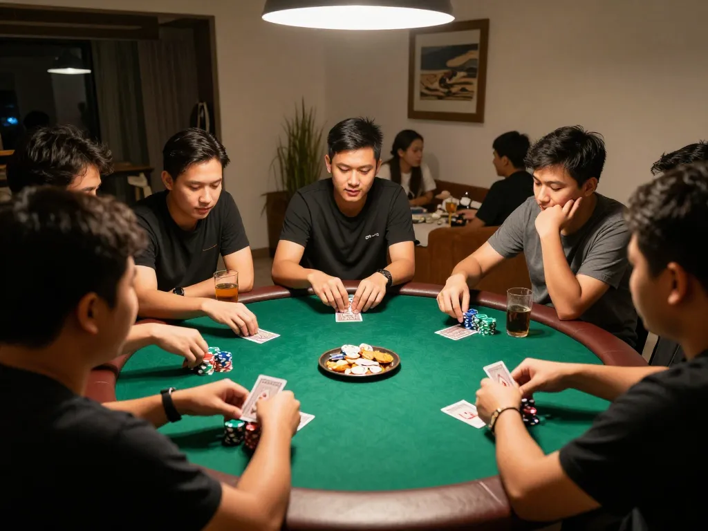 Group of friends enjoying Bolagila Judi Lotto while playing poker at a home game night.