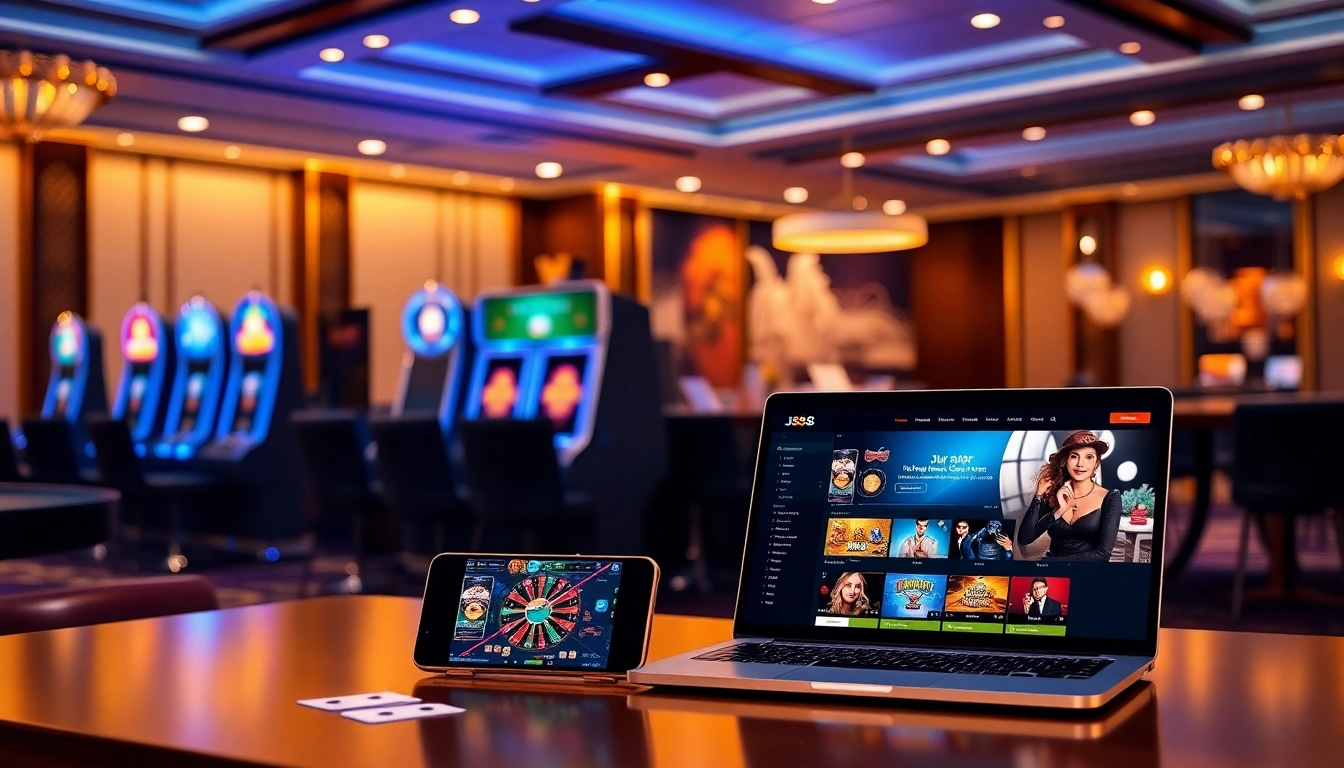 Experience luxury gaming at J88 with vibrant slot machines and modern casino tables.