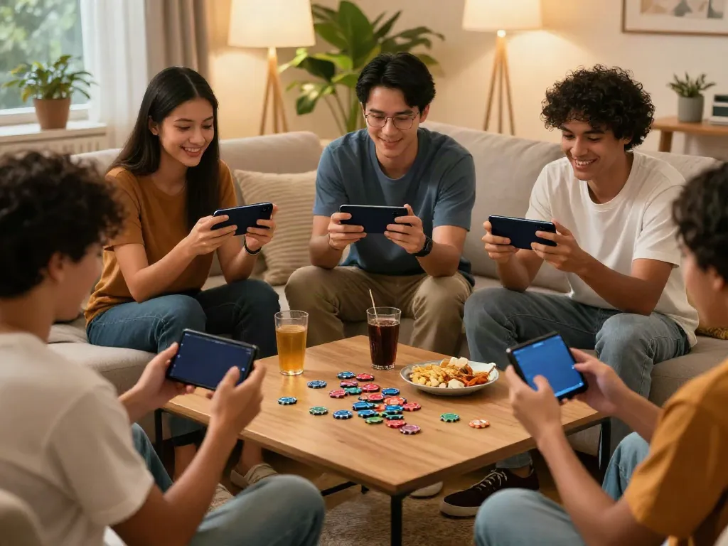 Friends enjoying the Rumble Rummy game on their smartphones in a cozy setting.