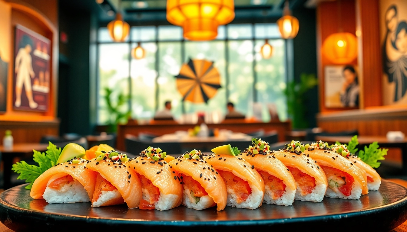 MISTER HOKI sushi platter displayed elegantly in a vibrant restaurant setting.