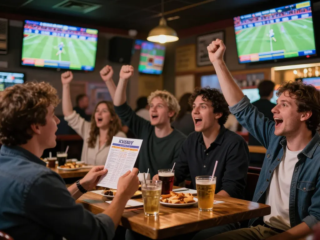 Exciting sports betting atmosphere with crowds cheering for viral88 games at a lively sports bar.