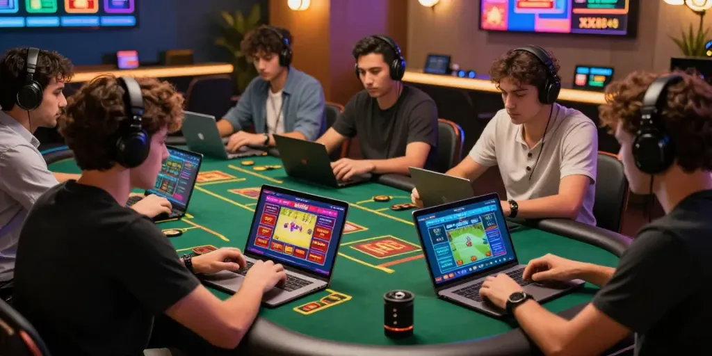Engaged players enjoying online betting at XX88 with colorful games and modern decor.