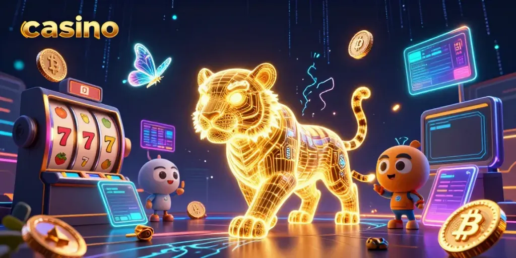 Experience the excitement of a casino with a glowing digital tiger in a vibrant 3D casino landscape.