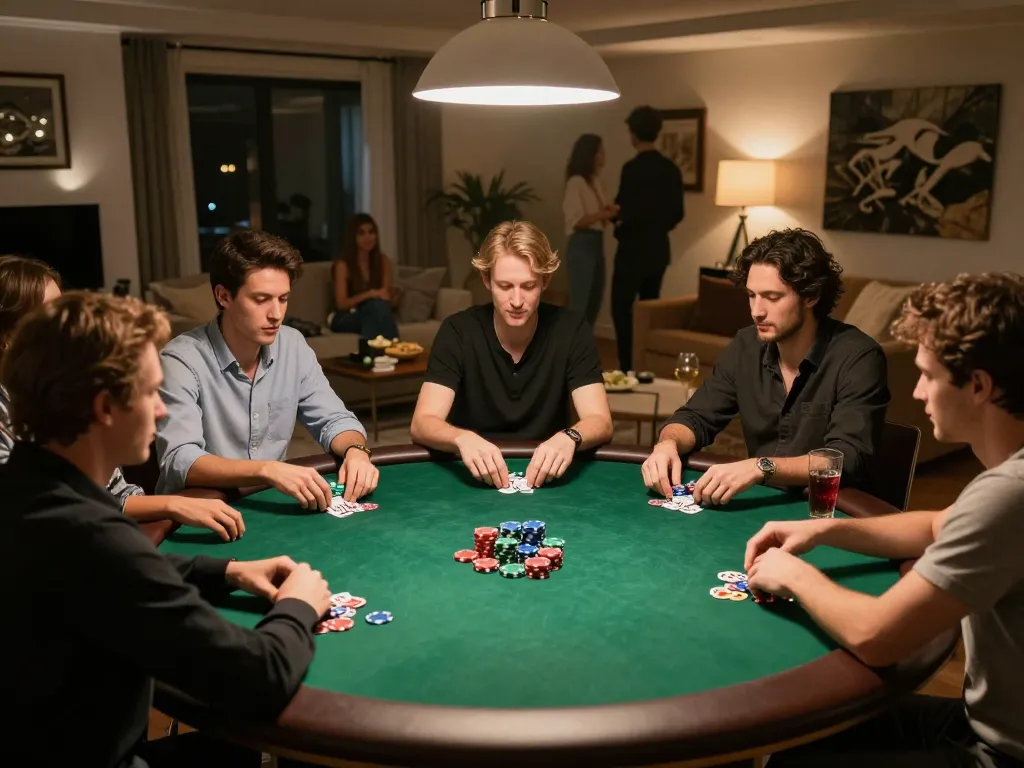Players enjoying a game of poker at home, showcasing f168 gaming strategies in a social ambiance.