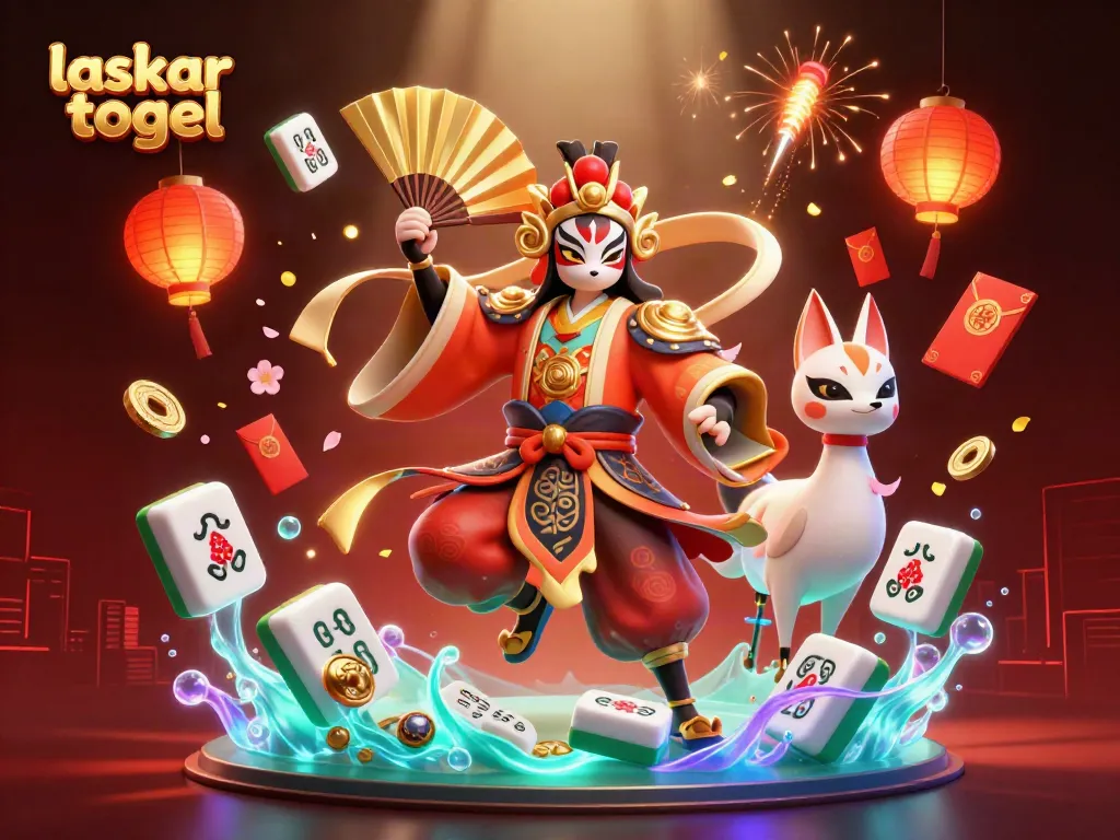 Engage with laskar togel in a vibrant online casino scene featuring a kabuki warrior and festive elements