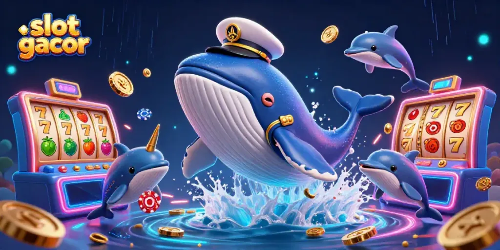 Engage in slot gacor gaming excitement with a vibrant, playful 3D casino scene featuring a captain whale and friends.
