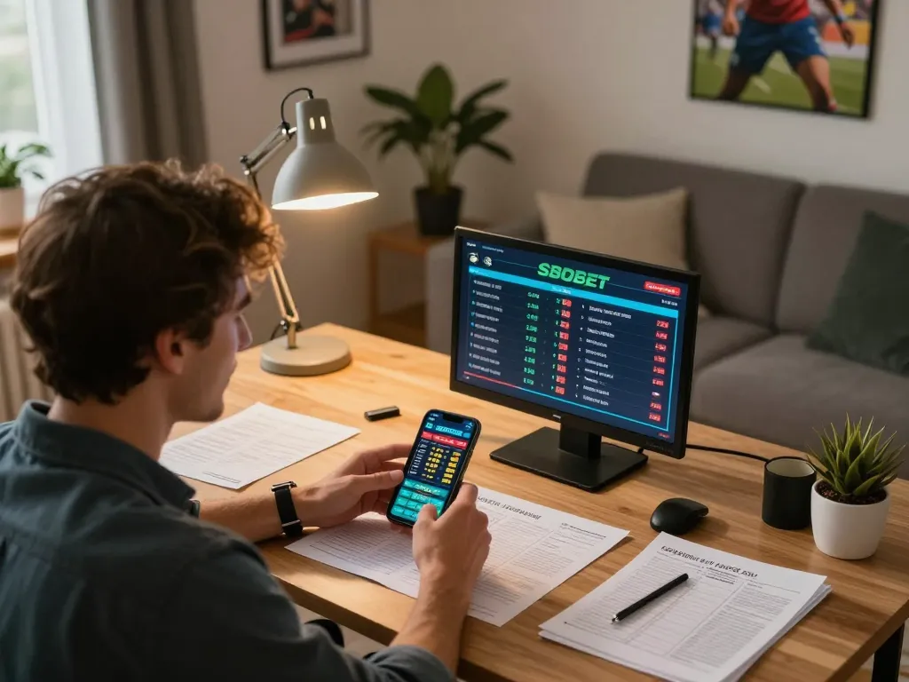 Aksi taruhan olahraga online SBOBET menampilkan seorang pemain yang menganalisis odds langsung di kantor rumah yang nyaman