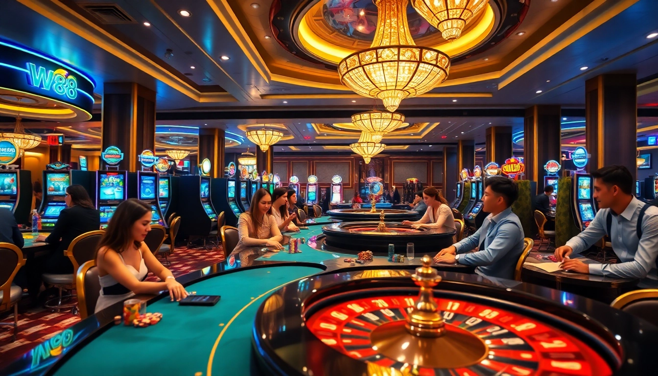 Playing at W88 casino tables surrounded by vibrant lights and luxurious decor.