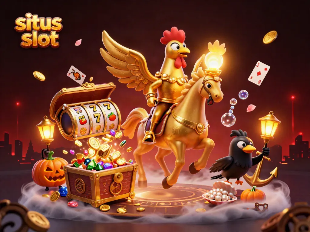 Rasakan sensasi situs slot dengan ilustrasi kuda spectral dan simbol jackpot berkilau.