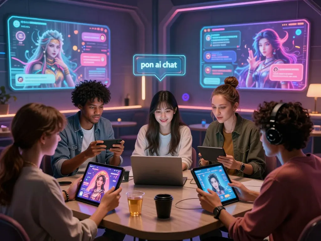 Engaging 'porn ai chat' scene with users interacting with vibrant AI avatars in a futuristic chat room.