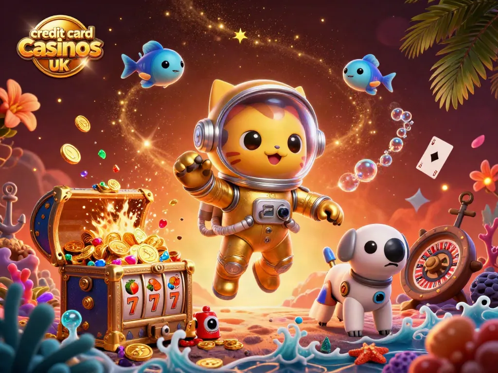Vibrant 3D scene highlighting credit card casinos UK with a playful astronaut cat and robot dog in a gaming nebula.