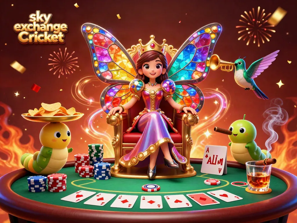 Engage with sky exchange Cricket through our vibrant 3D illustration showcasing a colorful butterfly queen and poker elements.