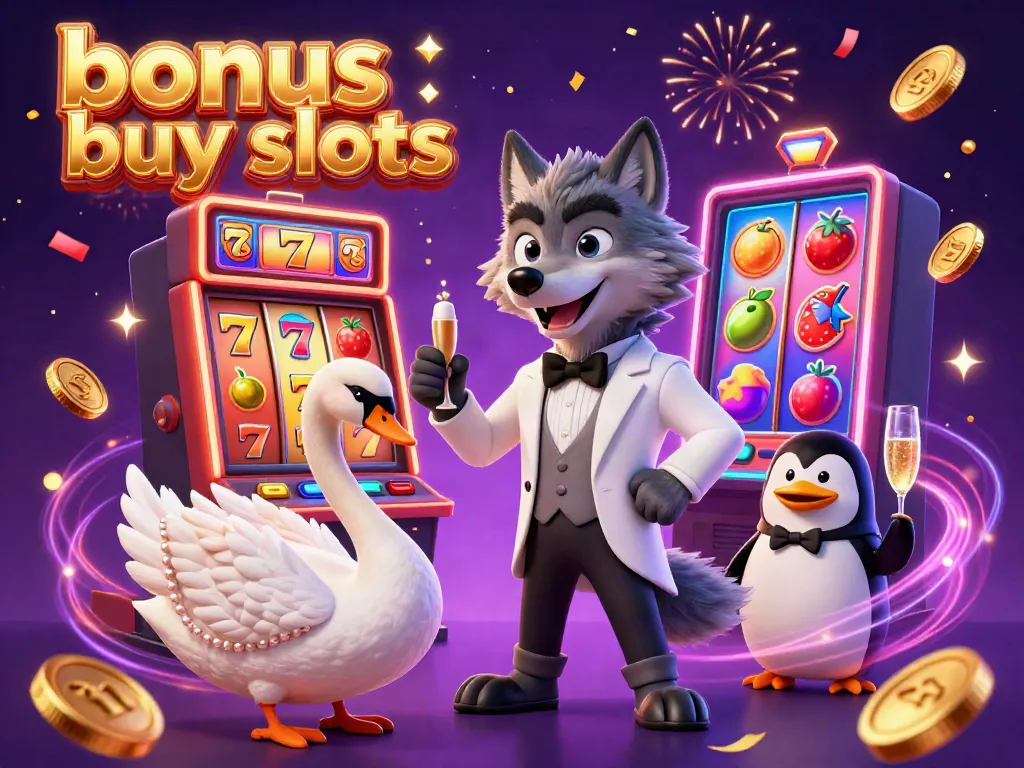 Experience thrilling bonus buy slots action in a lively 3D casino scene with animated characters.