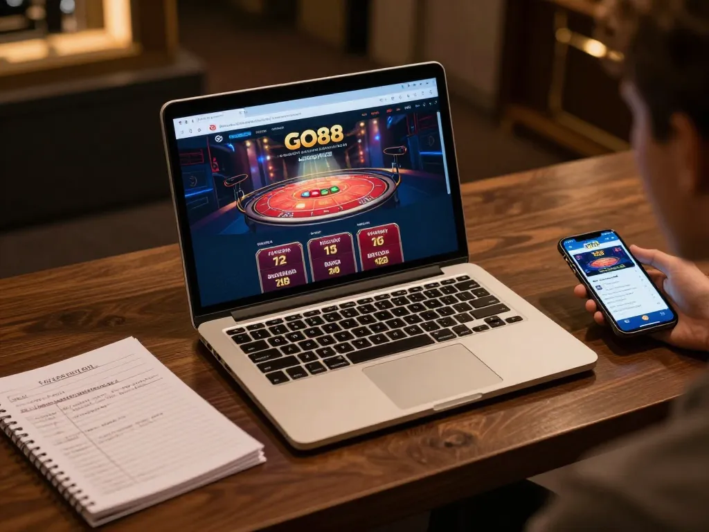 Person engaging with GO88 online casino on a sleek laptop, illustrating strategic gameplay and responsible gaming.