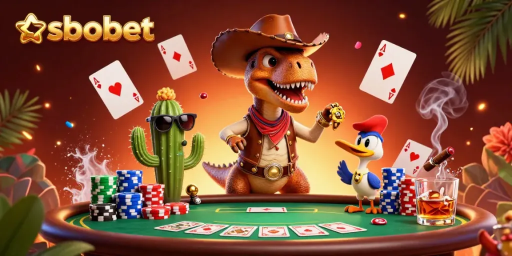 SboBets with a cartoon dinosaur and characters at a vibrant poker table, capturing the essence of fun gaming.