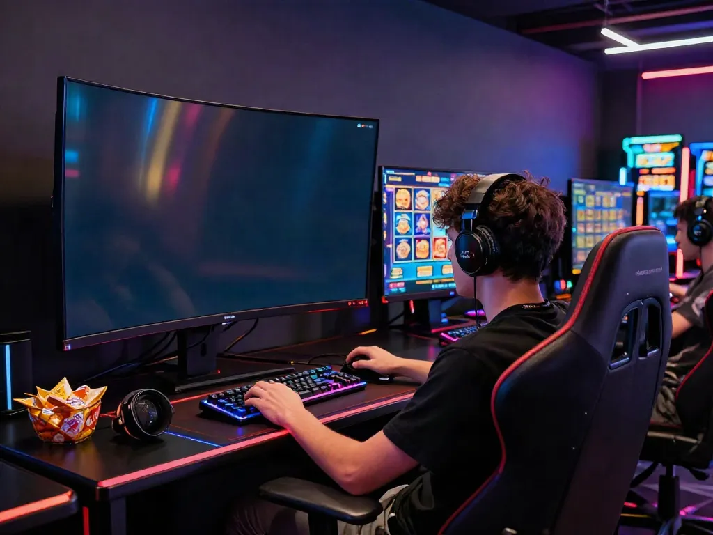 A player engaged in an exciting akunjp online gambling experience with vibrant slot game graphics.
