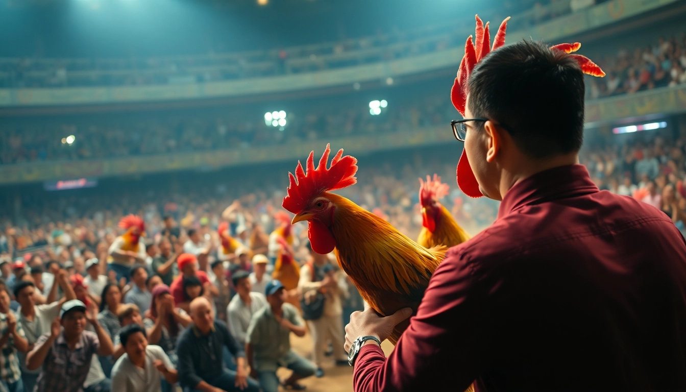 Exciting live sabong 67 cockfight scene with colorful roosters and cheering spectators.