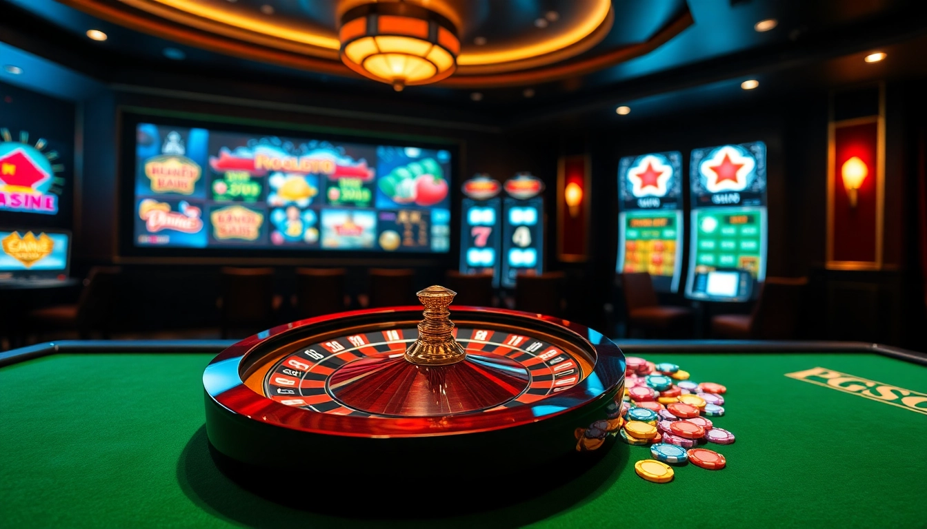 Experience the excitement of PGSLOT IN with vibrant casino visuals featuring a roulette table and digital slot graphics.