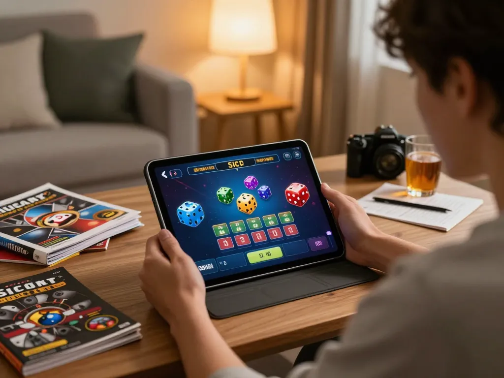 Sicbo gameplay on a tablet in a cozy live gaming setup with vibrant interface.
