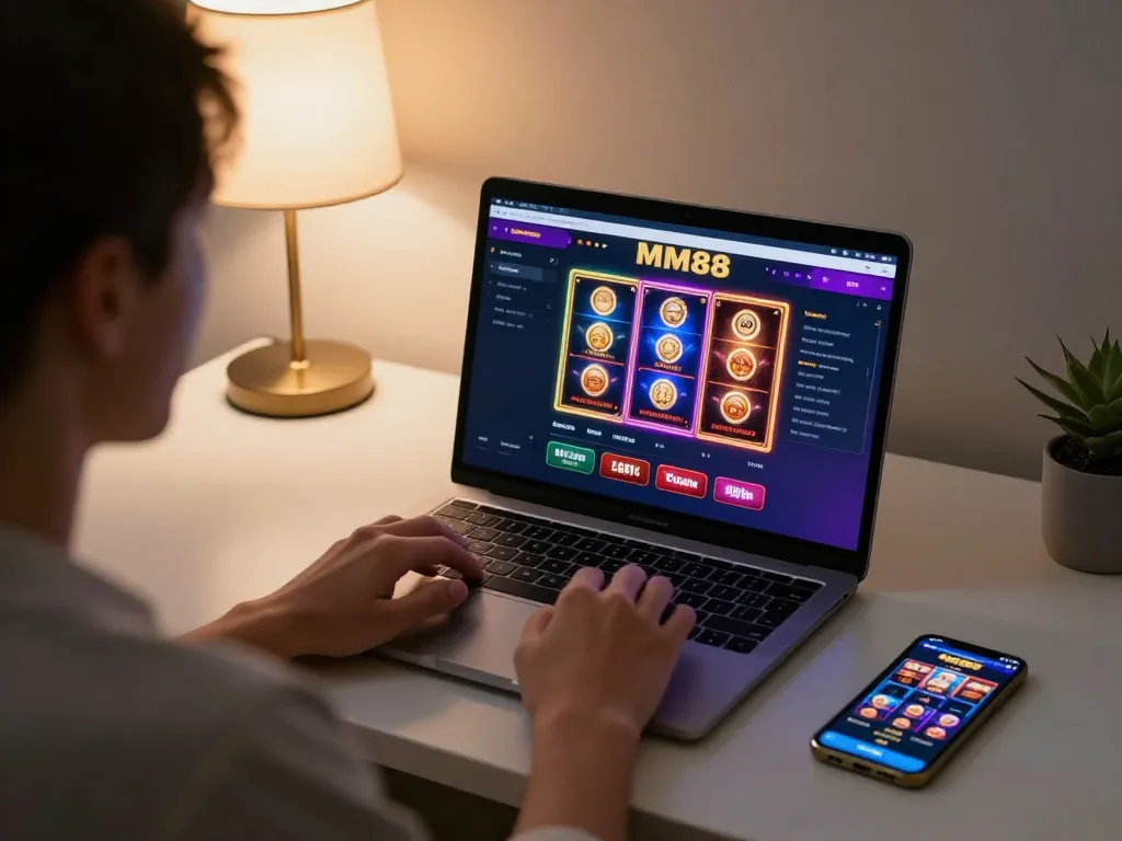 Player engaging with MM88 casino game interface in a cozy home environment