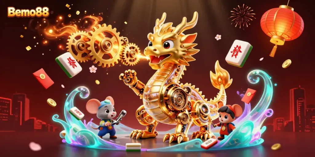Engage with Bemo88's thrilling casino world through an ultra-detailed 3D illustration of a dragon and game elements.