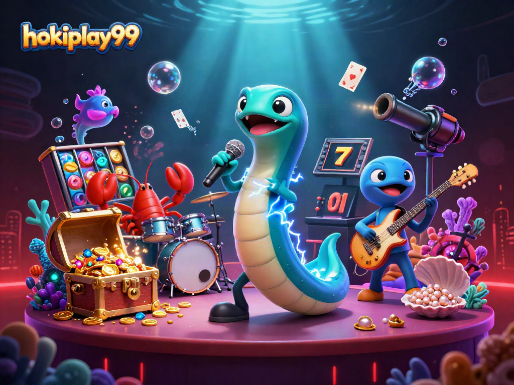 Rasakan keseruan di hokiplay99 dengan karakter ikan listrik DJ dan band laut di kasino bawah laut.