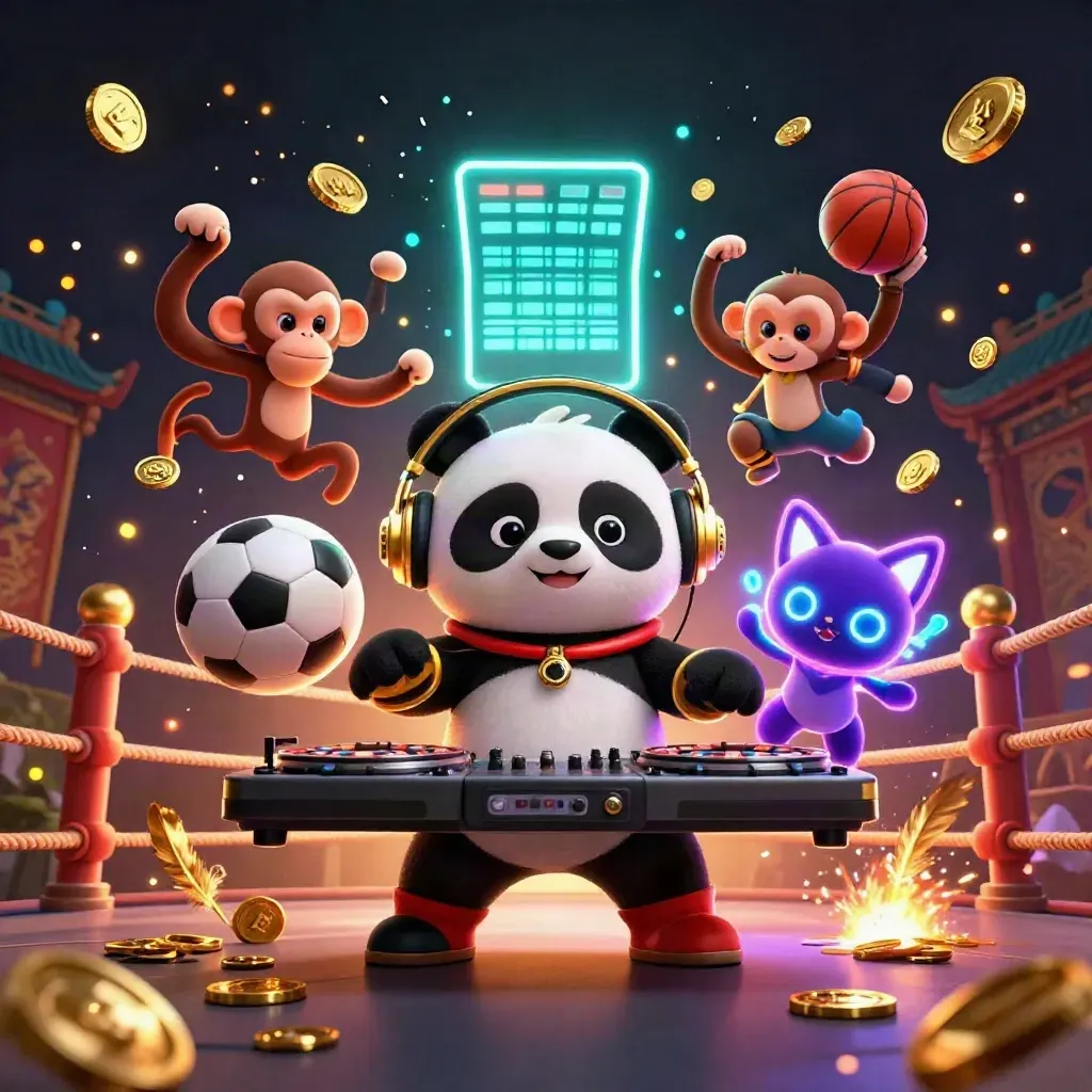 Ground-level casino sports splash with panda DJ, monkey, glow-kitten, flying balls and gold sparks.