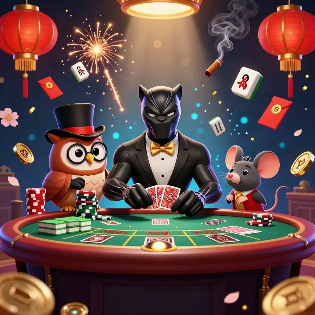 Panther, owl, and mouse in a luxe casino scene with glowing cards, coins, lanterns, and smoke.