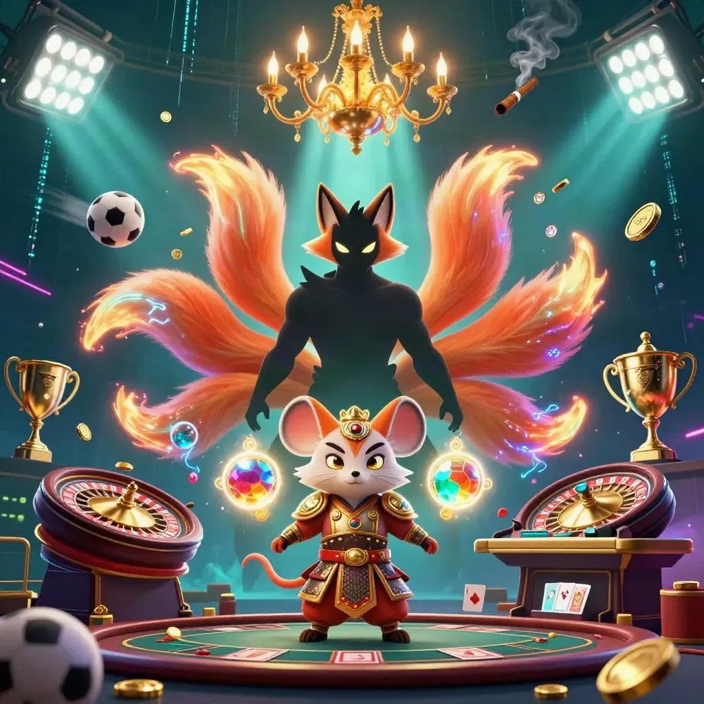 Nine-tailed fox spirit and armored mouse amid casino lights, balls, trophy, coins, roulette wheel.