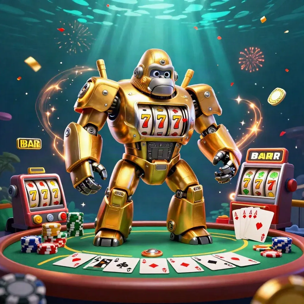 Golden gorilla mech with monkey pilot amid poker chips, aces, neon swirls, underwater casino glow.