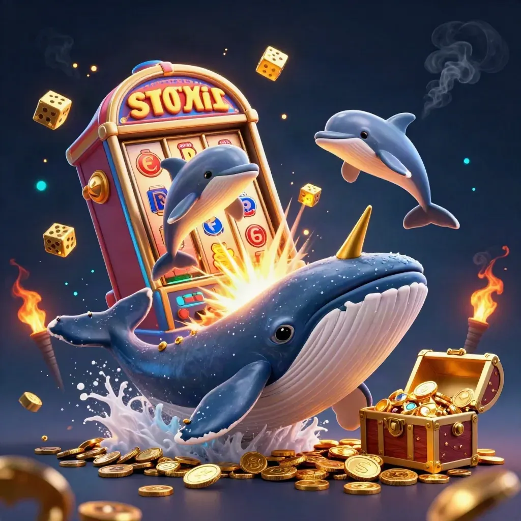 Captain whale, narwhal, and dolphins burst through coins with gold, dice, and emerald casino glow.