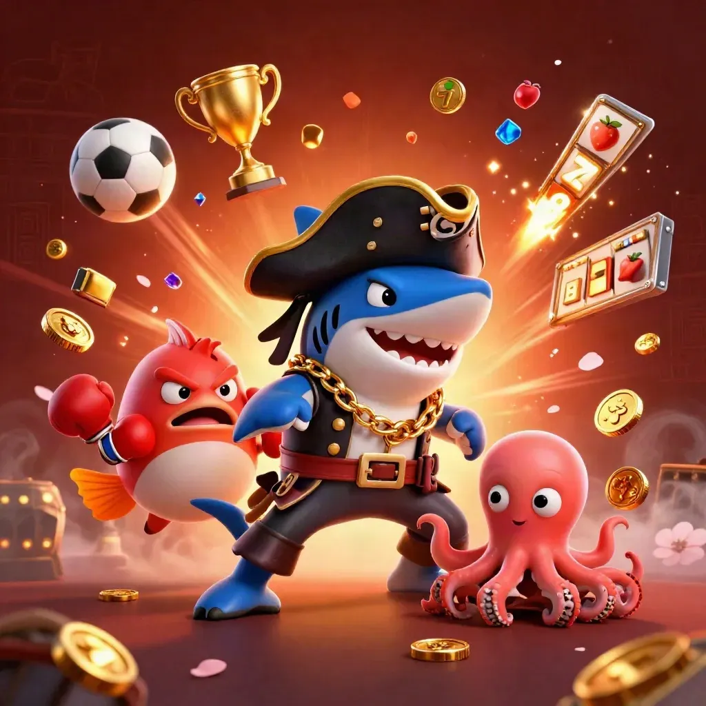 Shark pirate, boxing pufferfish, and juggling octopus amid casino treasure bursts.