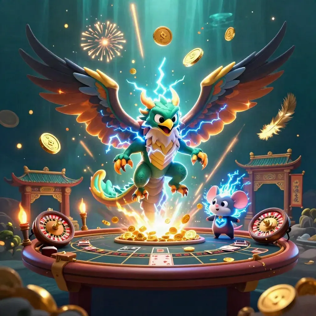 Thunder dragon, hawk, and mouse amid coins, fireworks, temple gate, and casino props.