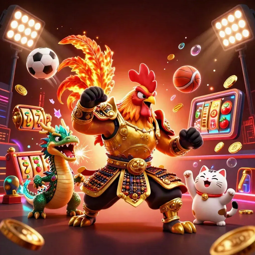 Rooster samurai, dragon hatchling, and cheering fortune cat amid casino game effects.