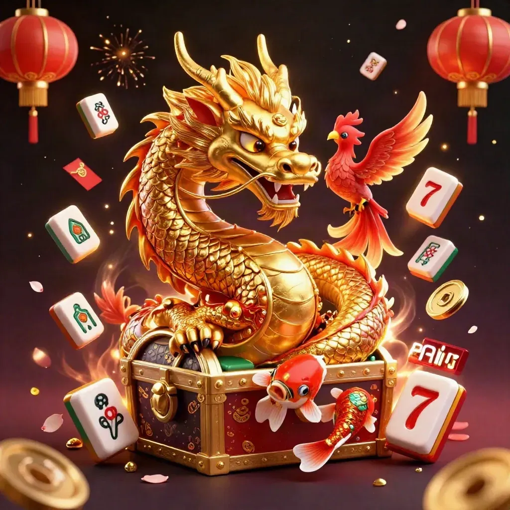 Golden dragon with phoenix and koi around treasure chest, casino symbols and glowing gold sparks.