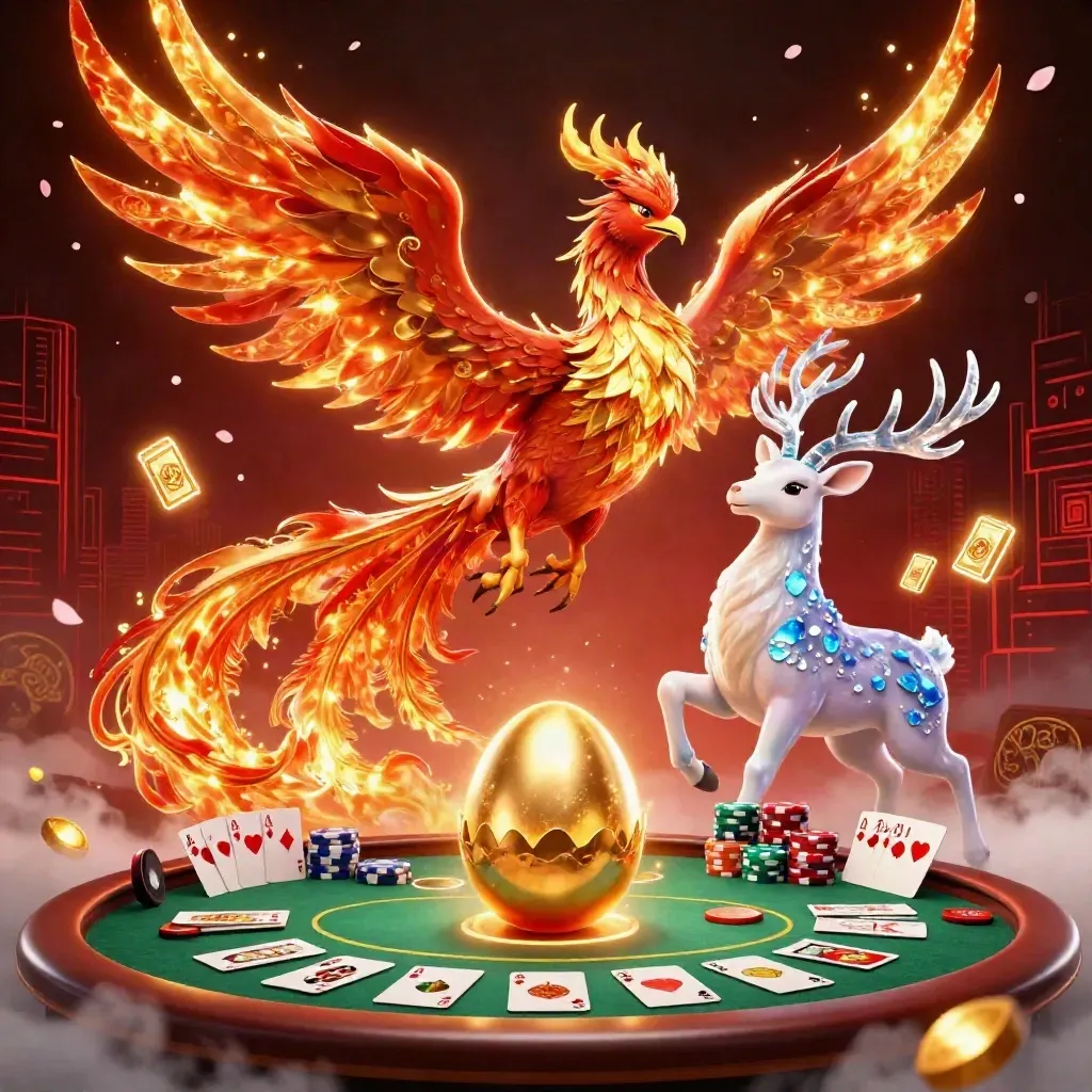 Fire phoenix, hatching baby, crystal-antler stag, casino cards, chips, reels, dark neon skyline.