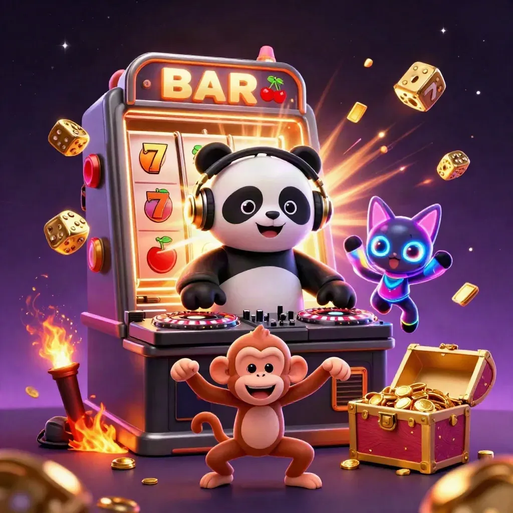 DJ panda, dancing monkey, and rave kitten amid casino bursts and gold