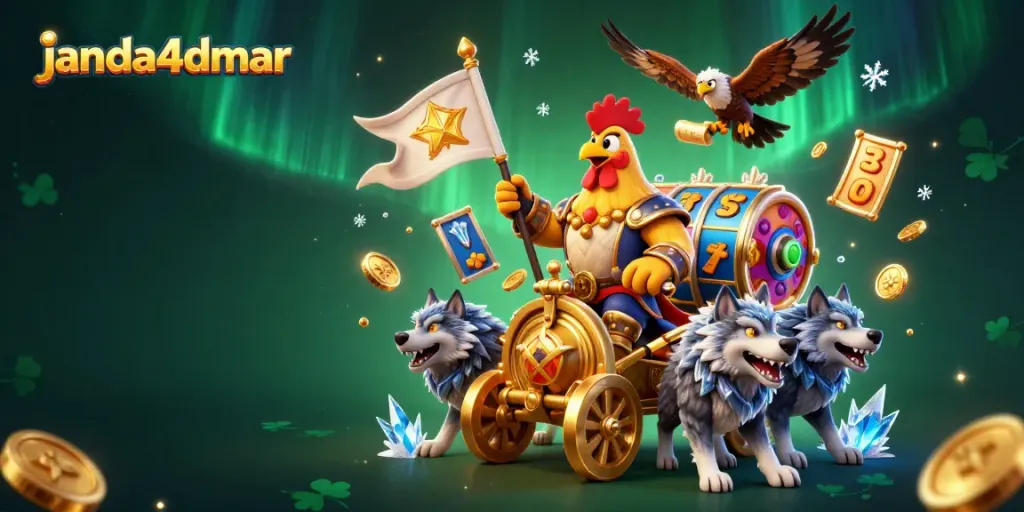 Menggambarkan janda4dmar dengan simbol mesin slot dan jackpot berwarna-warni di latar belakang yang dinamis dan menarik.