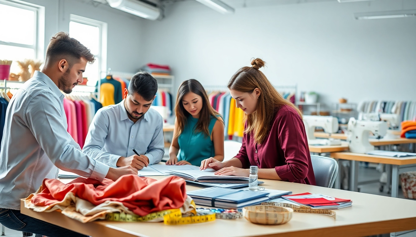 Clothing Manufacturer Private Label team working on apparel designs with vibrant fabrics and sewing machines.