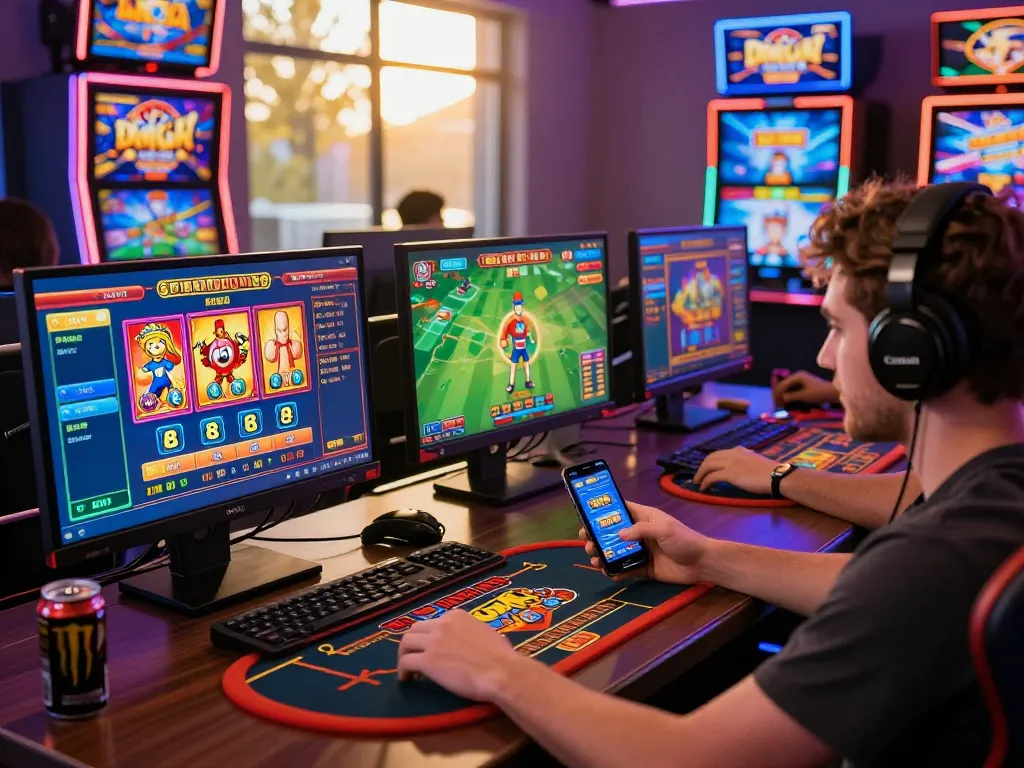 Enthusiastic player enjoying 32win casino games on desktop and mobile devices in a vibrant gaming atmosphere.