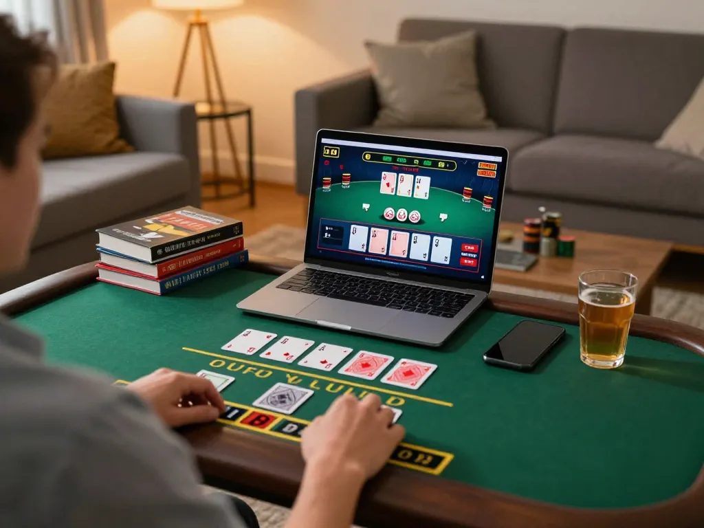 Player enjoying blackjack at home, engaging with tg88 live dealer game on laptop.