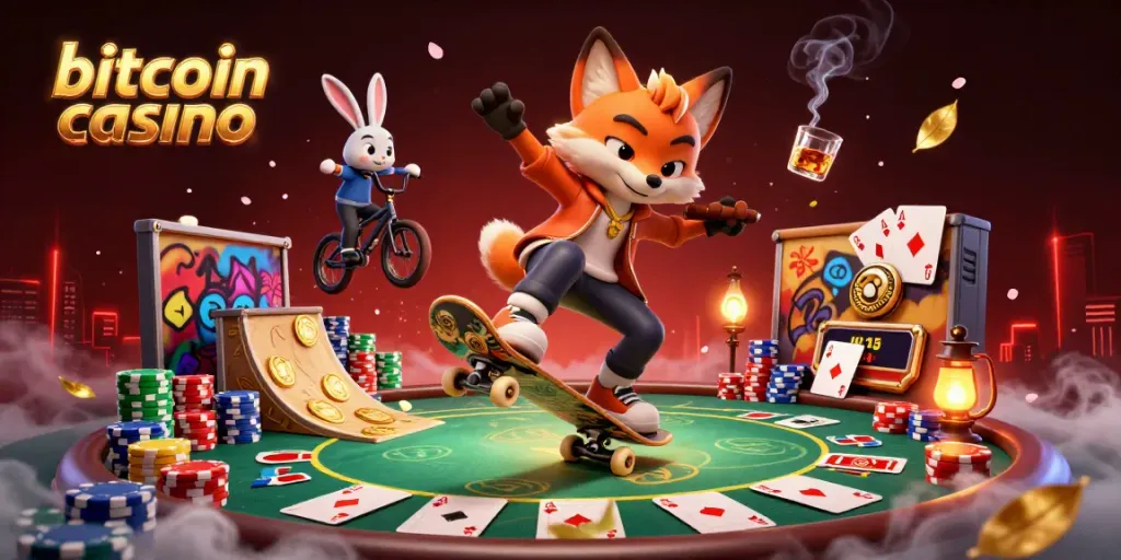 Experience the thrill of a bitcoin casino with our dynamic 3D illustration featuring exciting characters and casino elements.