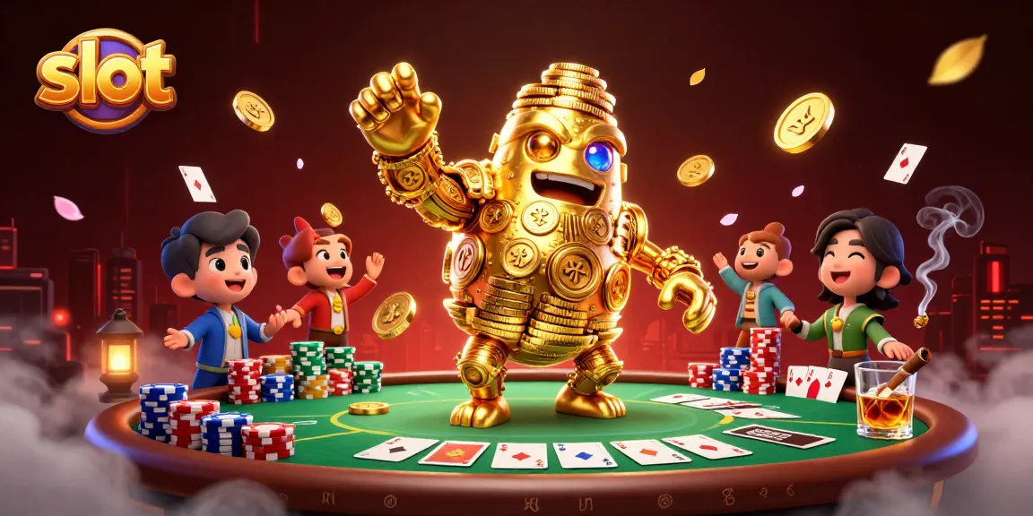 Bermain slot di dunia kasino dengan golem emas dan simbol mesin slot di sekelilingnya.