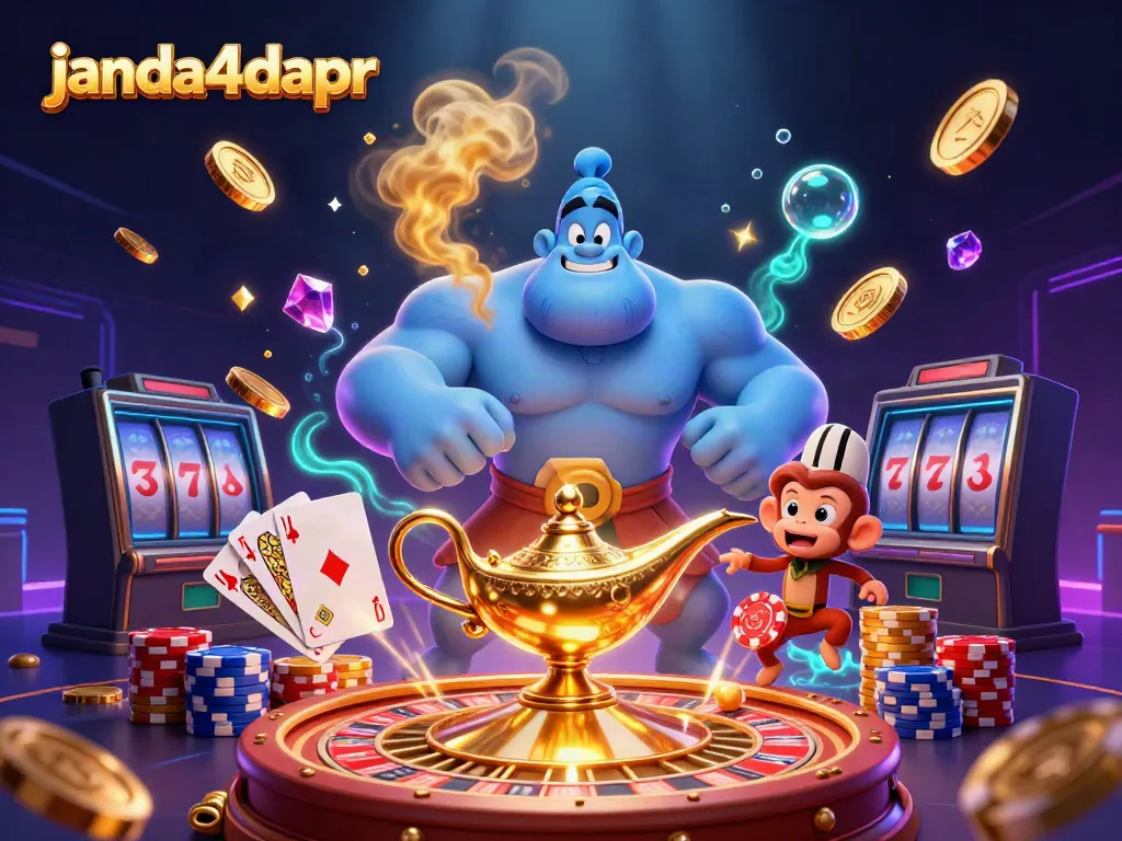 Permainan seru di janda4dapr dengan lampu genie, koin emas, dan chip poker.