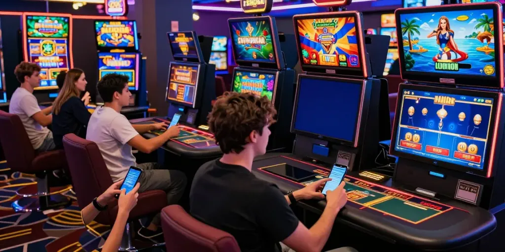 A80 online casino scene showcasing players enjoying various games in a vibrant environment.