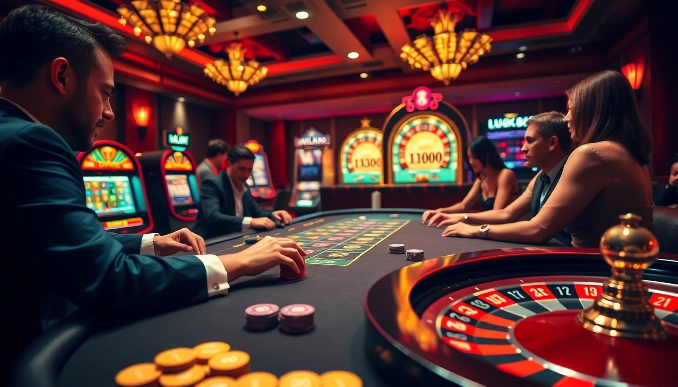 Luck8 casino scene depicting players enjoying high-stakes poker games with vibrant chips and a spinning roulette wheel.