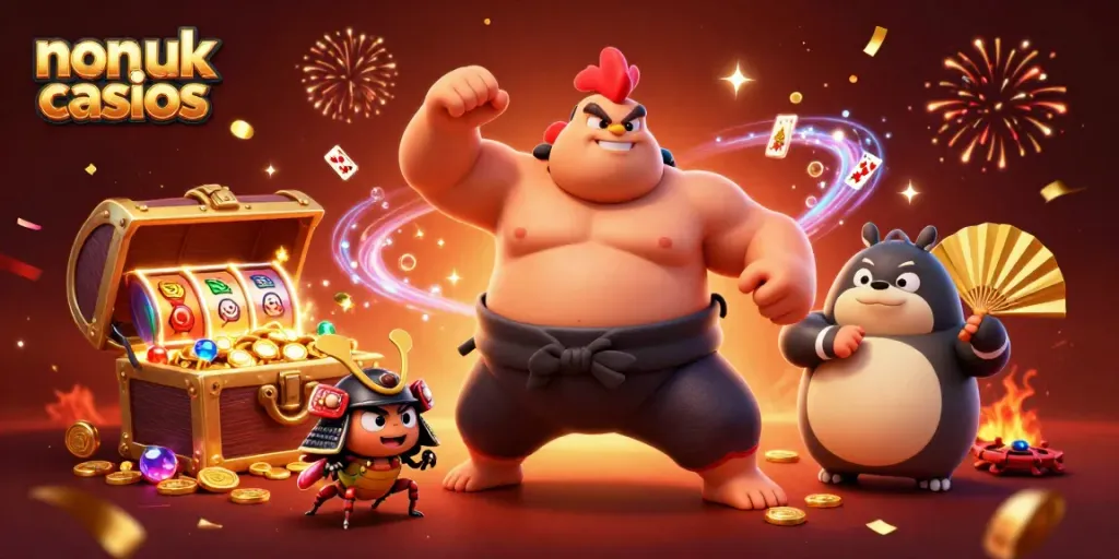 A vibrant illustration showcasing non UK casinos with a sumo rooster, a cricket in a samurai helmet, and a tanuki announcer amidst celebratory elements and dynamic casino symbols.