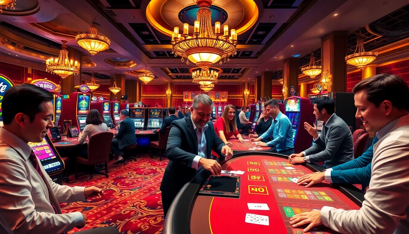 Experience the excitement of AT99娛樂城 with vibrant casino tables and lively patrons engaging in gaming.